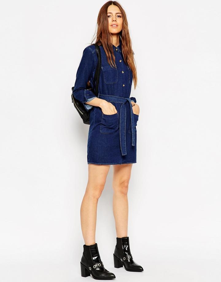 Asos Denim Belted Shirt Dress In Rich Blue Wash - Blue