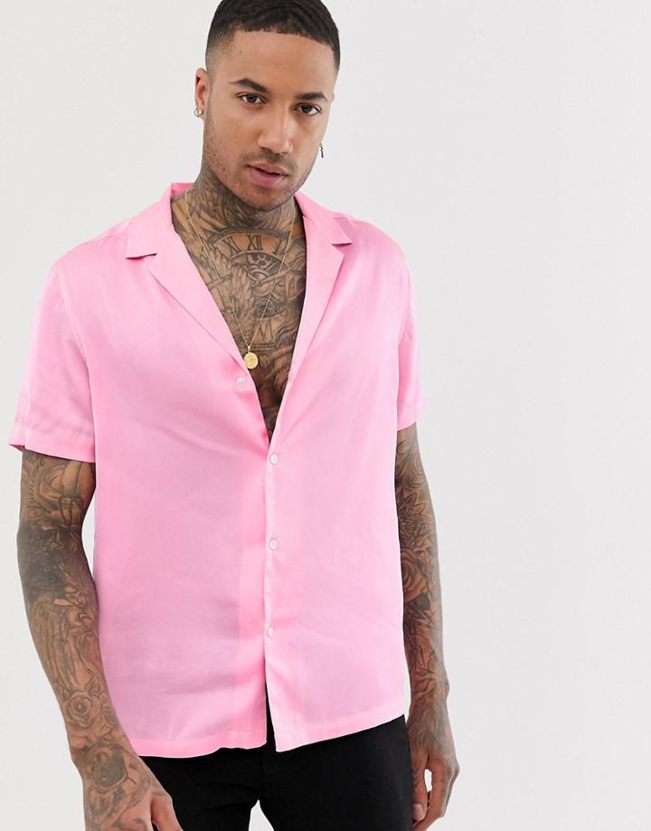 Asos Design Oversized Satin Pink Shirt With Low Revere Collar - Pink