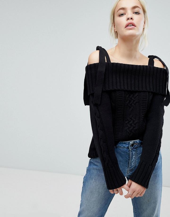 J.o.a Cold Shoulder Sweater With Tie Shoulders In Cable Knit - Black