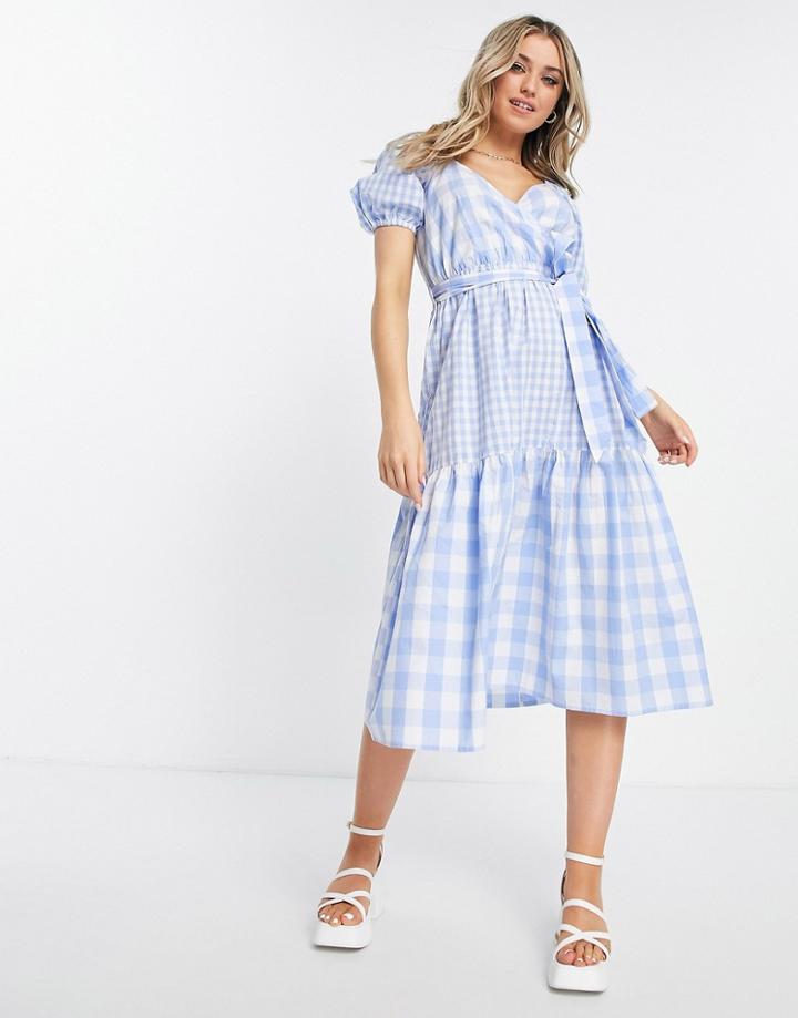 Influence Puff Sleeve Tiered Midi Dress In Blue Check