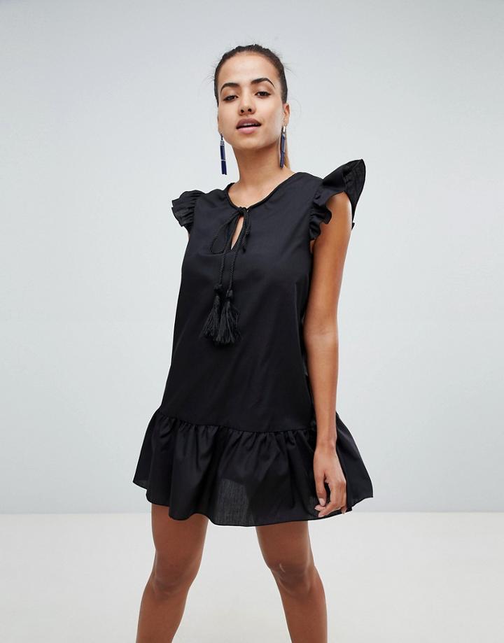 Prettylittlething Ruffle Sleeve And Hem Smock Dress In Black - Black