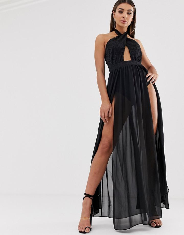 Lasula Cross Front Maxi Dress With Double Thigh Split In Black - Black