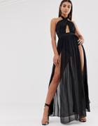 Lasula Cross Front Maxi Dress With Double Thigh Split In Black - Black