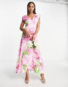 Liquorish Bridesmaid Plunge Front Maxi Dress In Green Overscale Floral-multi