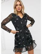 Asos Design Button Through Organza Mini Dress With All Over Embroidery In Black