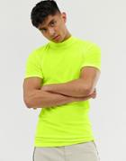 Asos Design Muscle T-shirt With Stretch And Turtleneck In Neon Yellow Velour - Yellow