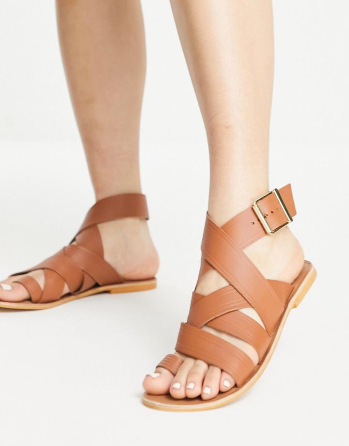 Asos Design Fudge Leather Flat Sandals In Tan-brown
