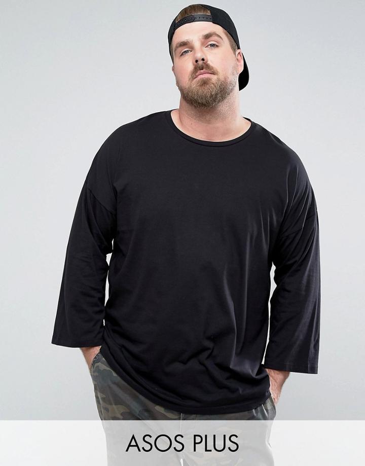 Asos Plus Oversized Long Sleeve T-shirt With 3/4 Sleeve In Black - Black