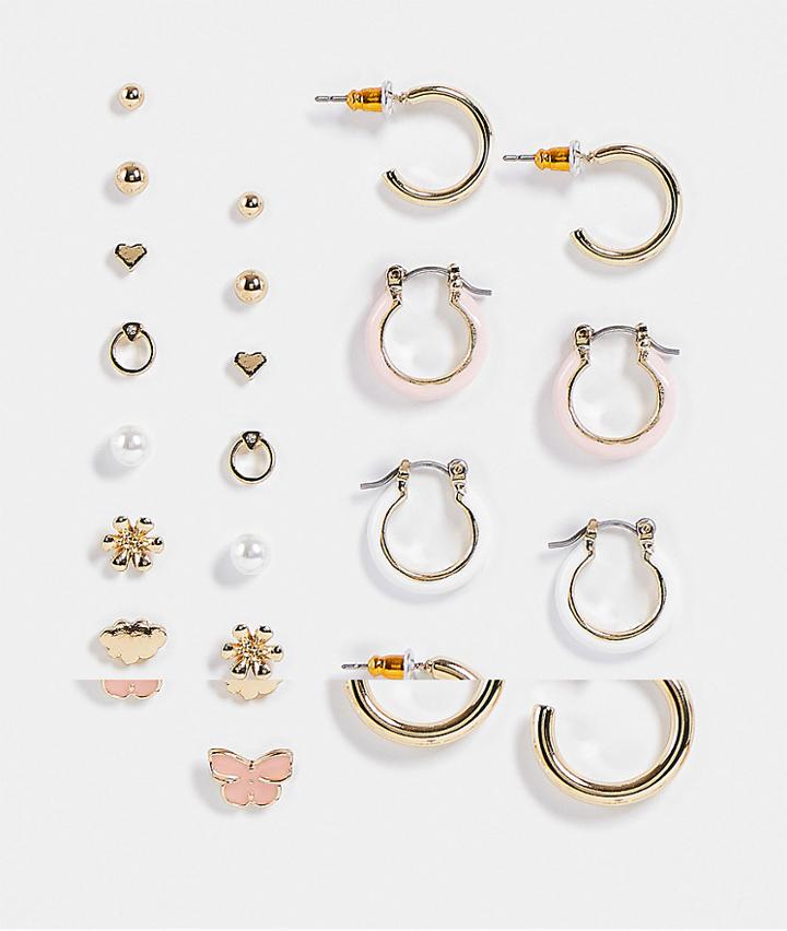 Asos Design 12-pack Mixed Earrings In Cute 00s Designs In Gold Tone-multi
