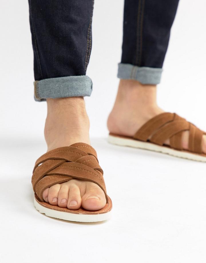 Asos Design Sandals In Tan Suede With Cross Over Straps - Tan
