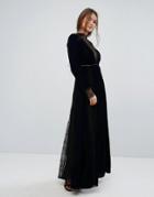 Frock And Frill Maxi Dress In Embossed Velvet With Lace Inserts - Navy