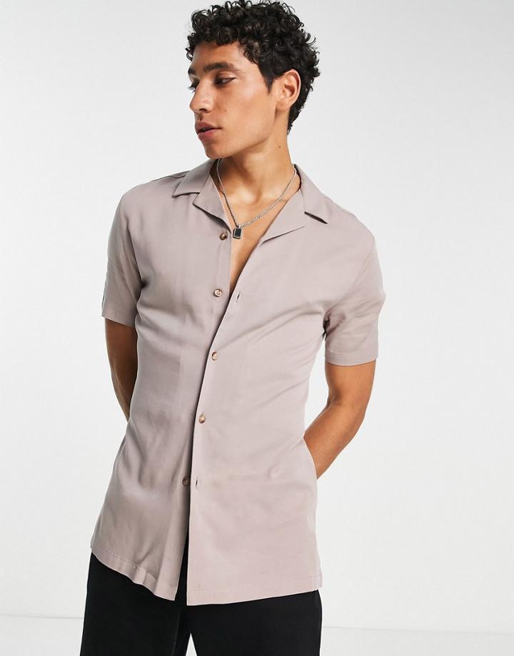 Asos Design Skinny Viscose Shirt In Beige-neutral