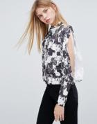 Asos Top With Split Sleeve In Mono Print - Multi