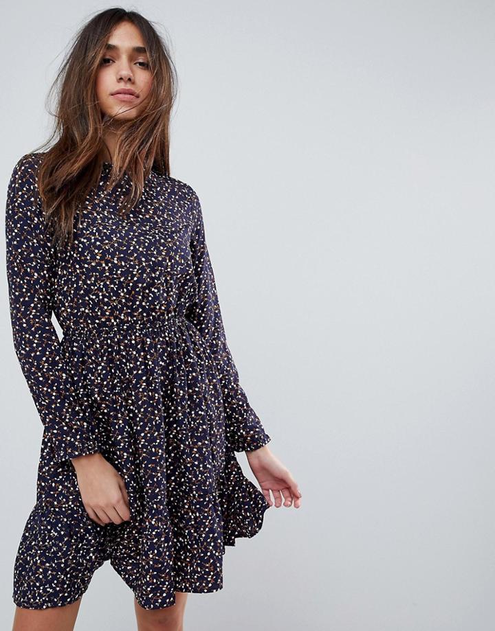 Yumi Long Sleeve Tea Dress In Ditsy Floral - Navy