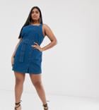 Asos Design Curve Denim Side Button Mini Dress With Belt-blue