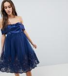 Chi Chi London Maternity Off Shoulder Midi Dress With Bow Front And Premium Lace Detail - Navy
