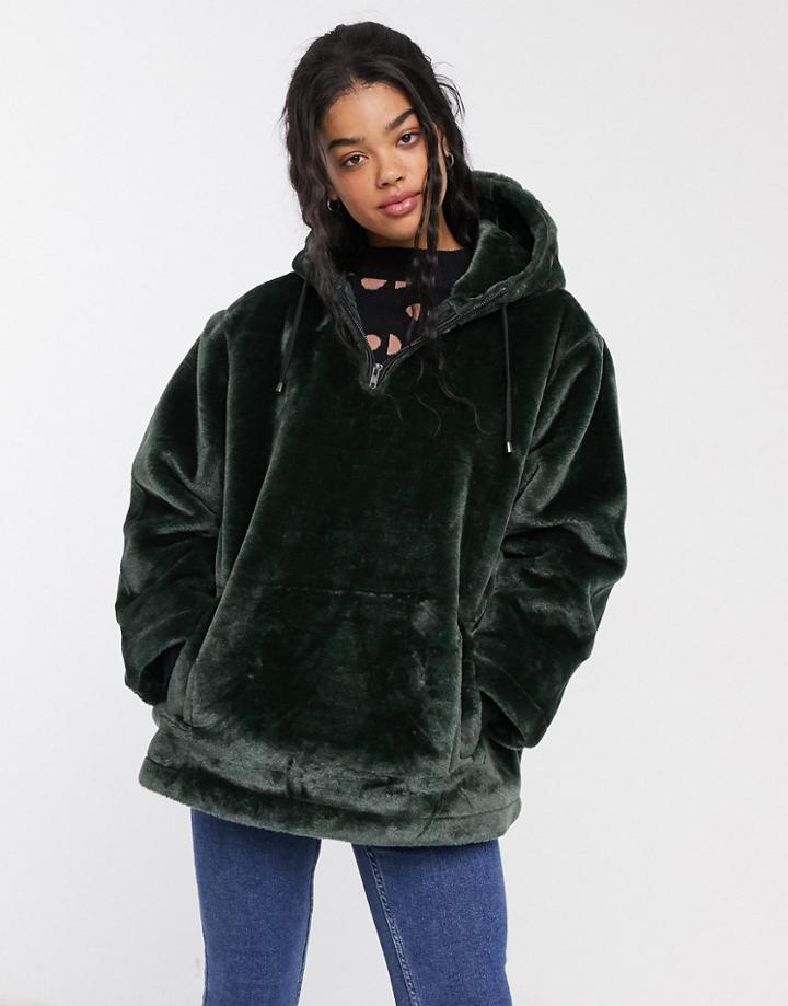 Asos Design Plush Over The Head Jacket In Khaki-green