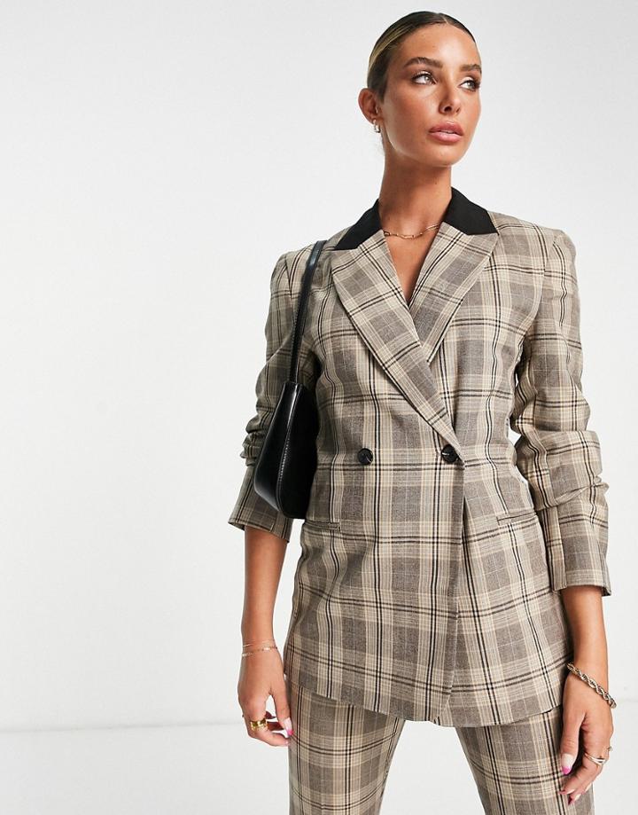 Asos Design Double Breasted Suit Blazer In Brown Check