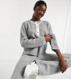 Asos Design Tall Set Ribbed Sweater With Button Placket Detail In Heather Gray-grey