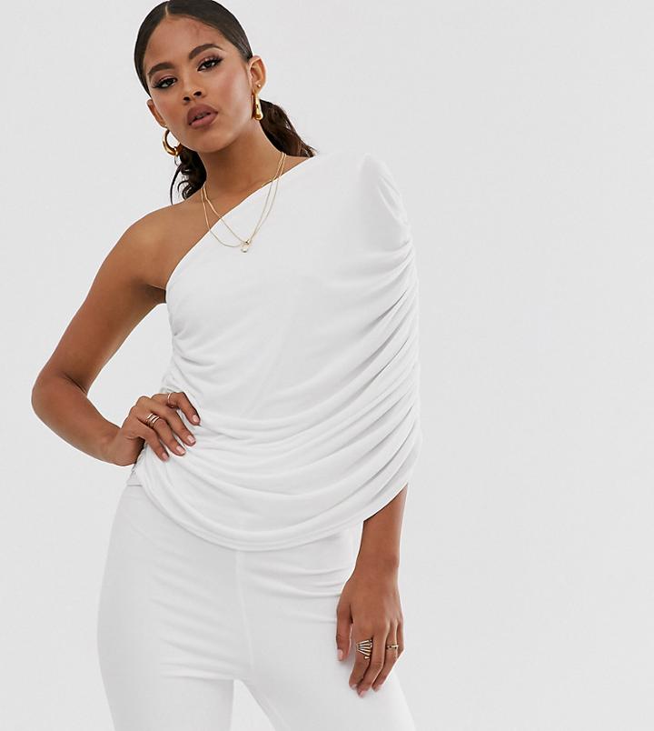 John Zack Tall One Shoulder Ruched Jumpsuit In White - White