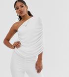 John Zack Tall One Shoulder Ruched Jumpsuit In White - White