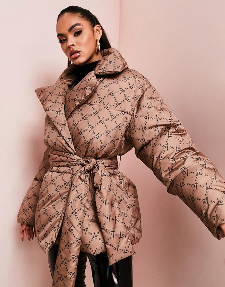 Asos Luxe Wrap Puffer Jacket In Monogram Print-multi
