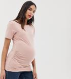 Asos Design Maternity Long Line T-shirt With Ruching Detail In Pink