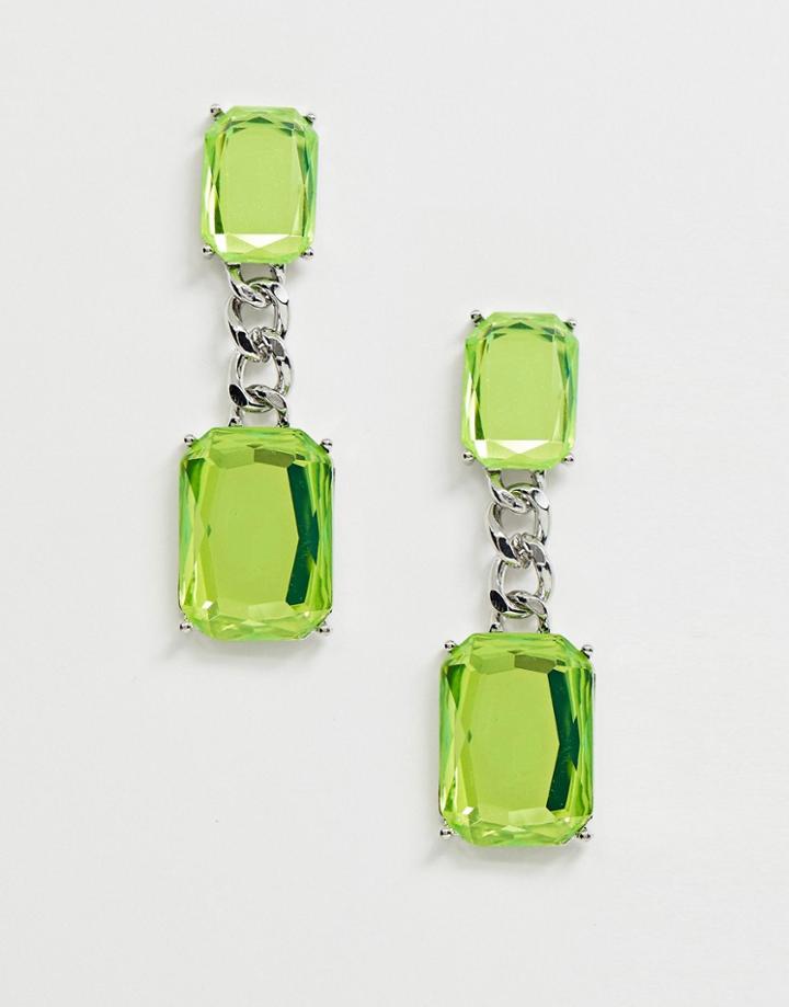 Asos Design Earrings With Green Double Jewel Drop In Silver Tone - Silver