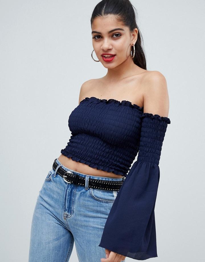 Ax Paris Bardot Top With Bell Sleeves - Navy