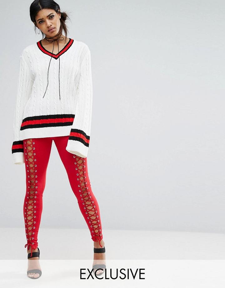Bones Leggings With Lace Up Front - Red