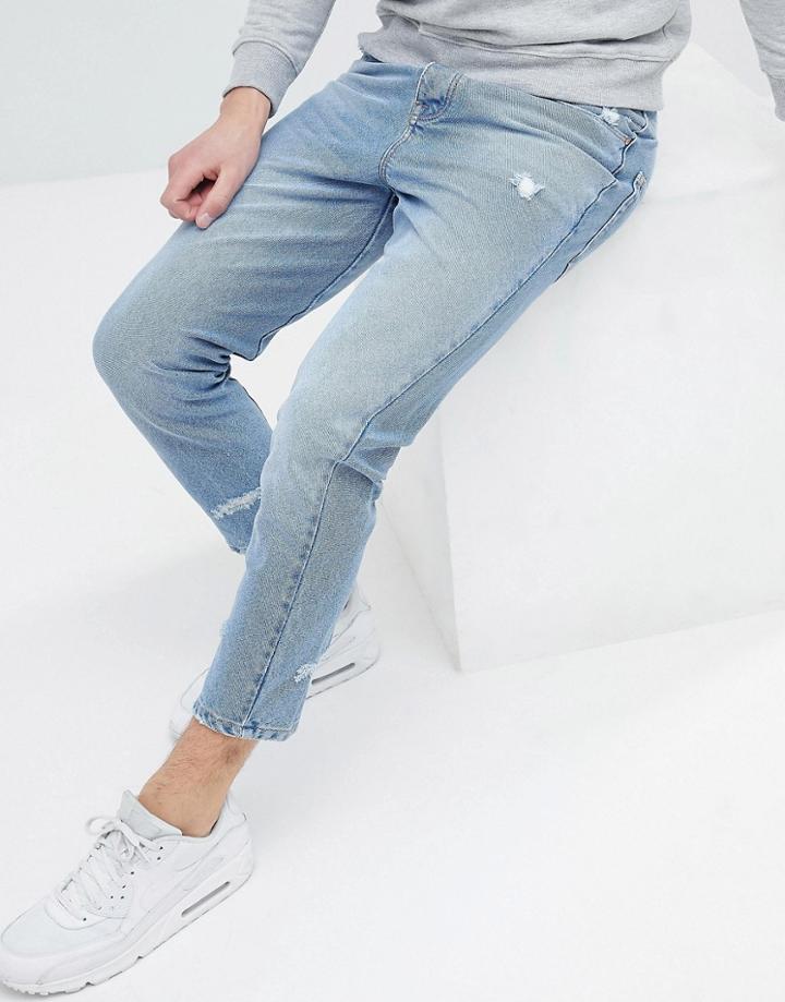 Asos Skinny Twisted Seam Jeans In Light Wash Blue With Abrasions - Blue