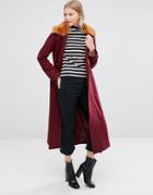 Asos Trapeze Coat In Wool Blend With Fur Collar - Red