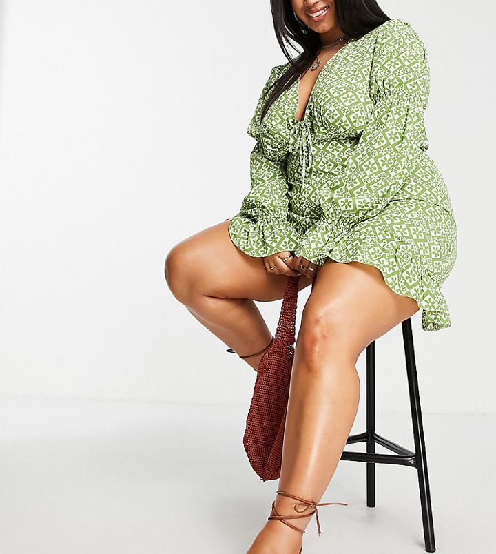 Asos Design Curve Elastic Sleeve Tie Neck Mini Dress In Green Geo Floral Print-multi