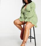 Asos Design Curve Elastic Sleeve Tie Neck Mini Dress In Green Geo Floral Print-multi