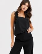 Asos Design Square Neck Cami With Faux Feather Straps-black