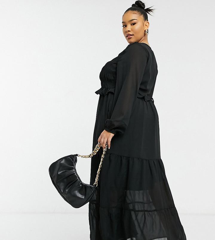 Asos Design Curve Shirred Ruffle Tiered Maxi Dress In Black