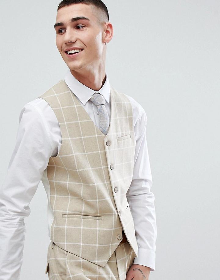 Asos Design Wedding Skinny Suit Vest In Stone Check - Stone