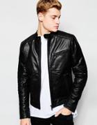 Solid Leather Jacket With Padded Shoulders - Black