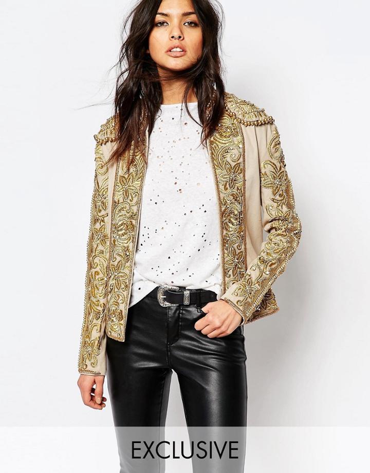 A Star Is Born All Over Embroidered Trophy Jacket - Nude