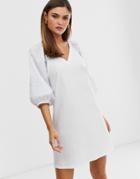 Asos Design V Neck Mini Dress With Woven Sleeves-white