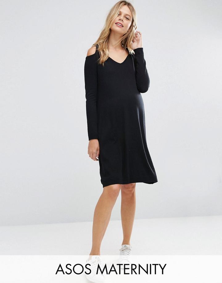 Asos Maternity Knitted Twist Cold Shoulder Dress In Cashmere Mix - Black