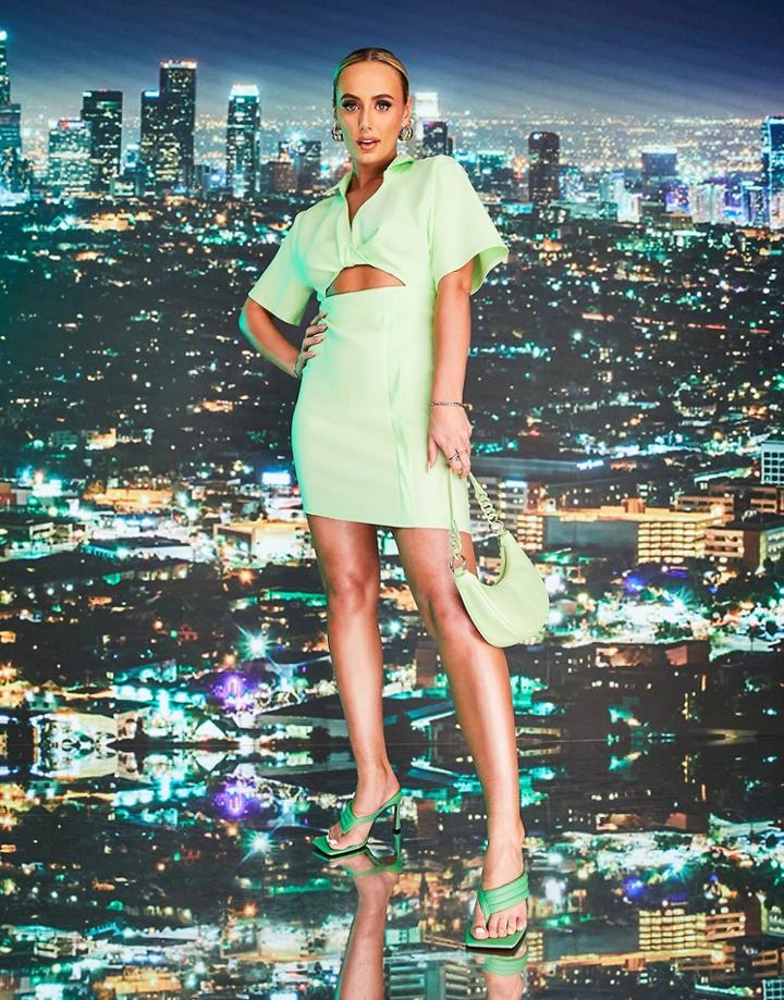 Asos Design X Millie Twist Front Mini Shirt Dress In Lime Green