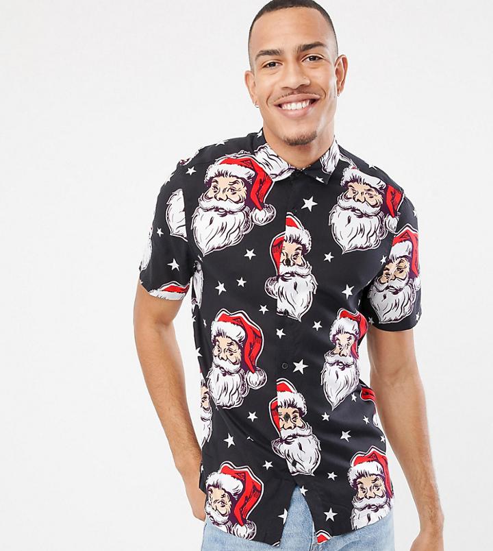 Asos Design Tall Holidays Regular Fit Santa Print Shirt In Black - Multi