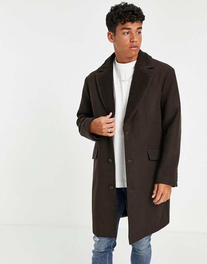 Asos Design Overcoat With Sherpa Collar In Brown