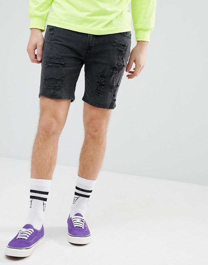 Asos Denim Shorts In Skinny Washed Black With Heavy Rips - Black