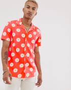 Asos Design Festival Short Sleeve Relaxed Shirt In Coral With Daisy Print-pink