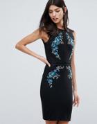 Lipsy Pencil Dress With Floral Embrodiery & Lace Detail - Black