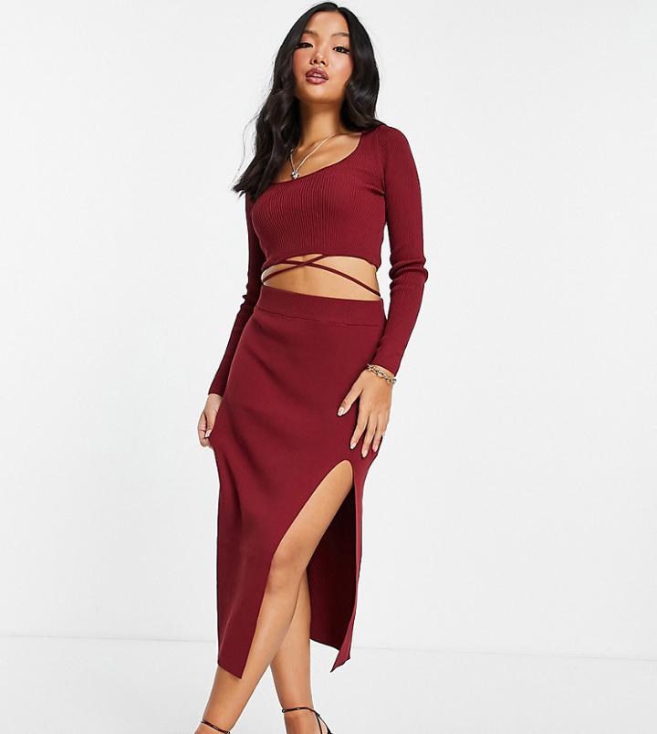Asos Design Petite Set Knitted Skirt With Front Split Detail In Dark Red