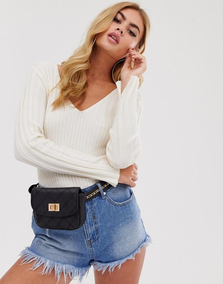 Asos Design Wide V Neck Sweater In Skinny Rib-cream