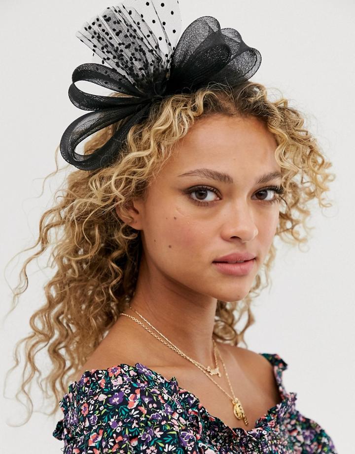 Asos Design Fascinator Headband With Polka Dot Mesh Bow-black